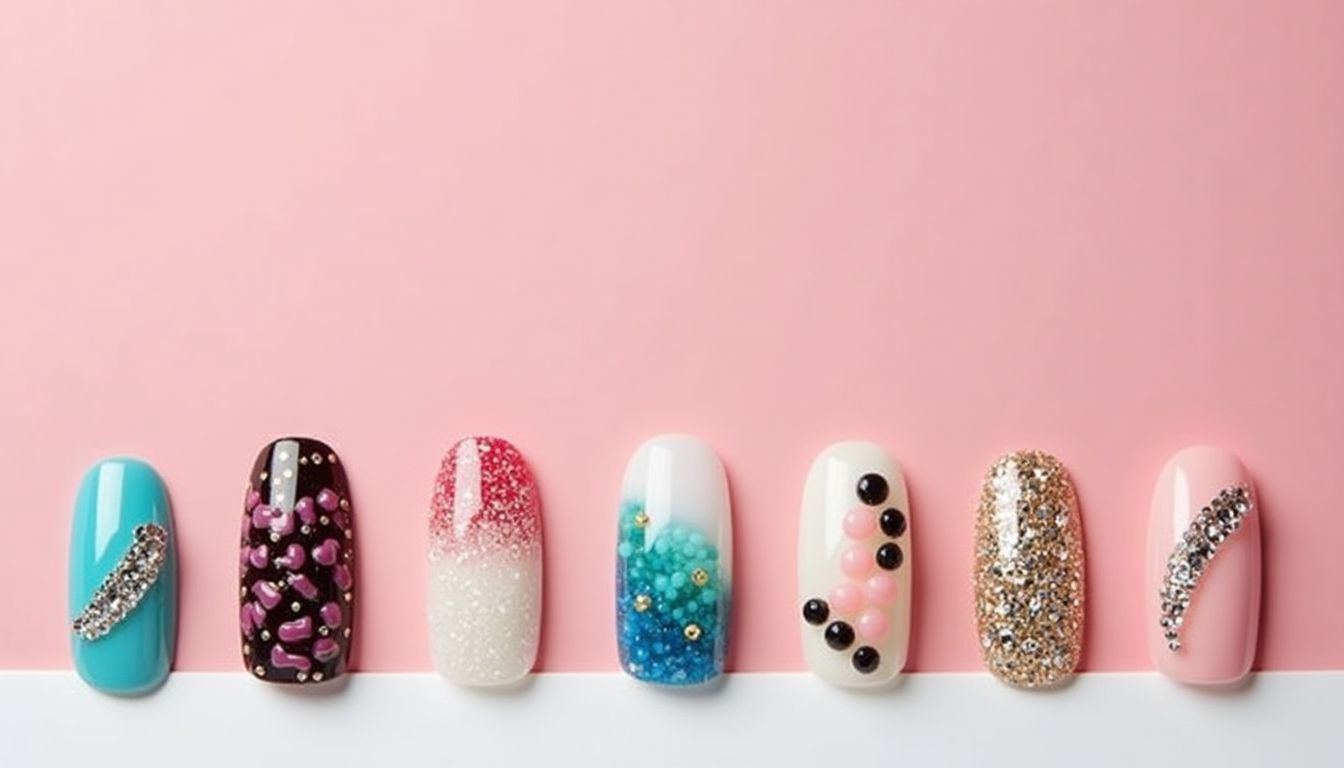 Colorful press-on nails with intricate designs and embellishments.