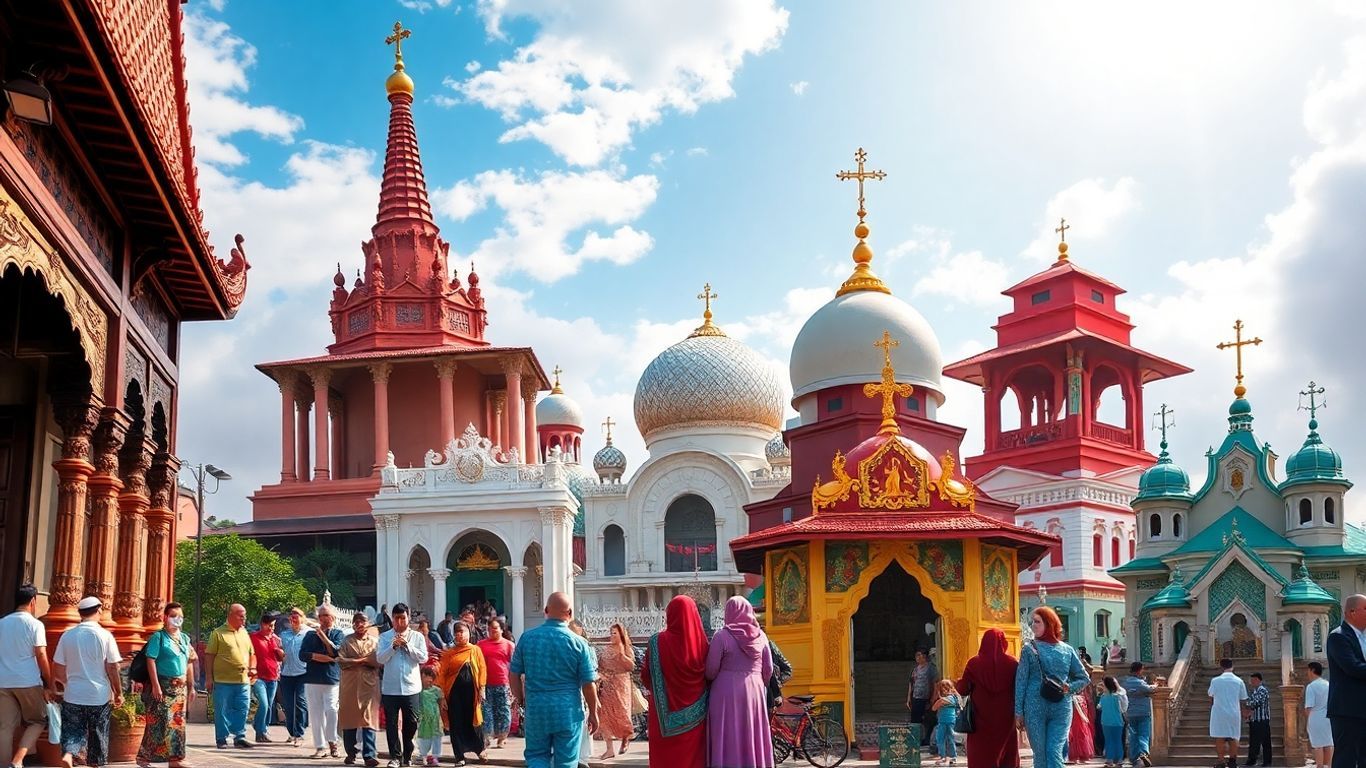 Diverse religious sites and cultural attire in Malaysia.