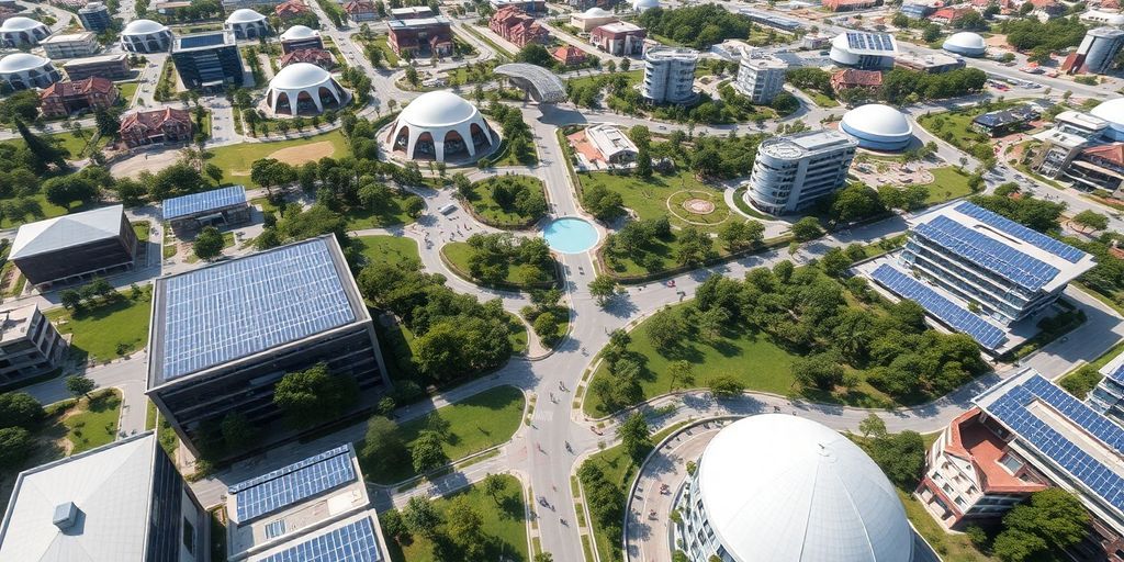 Futuristic cityscape of Telosa with green spaces and buildings.