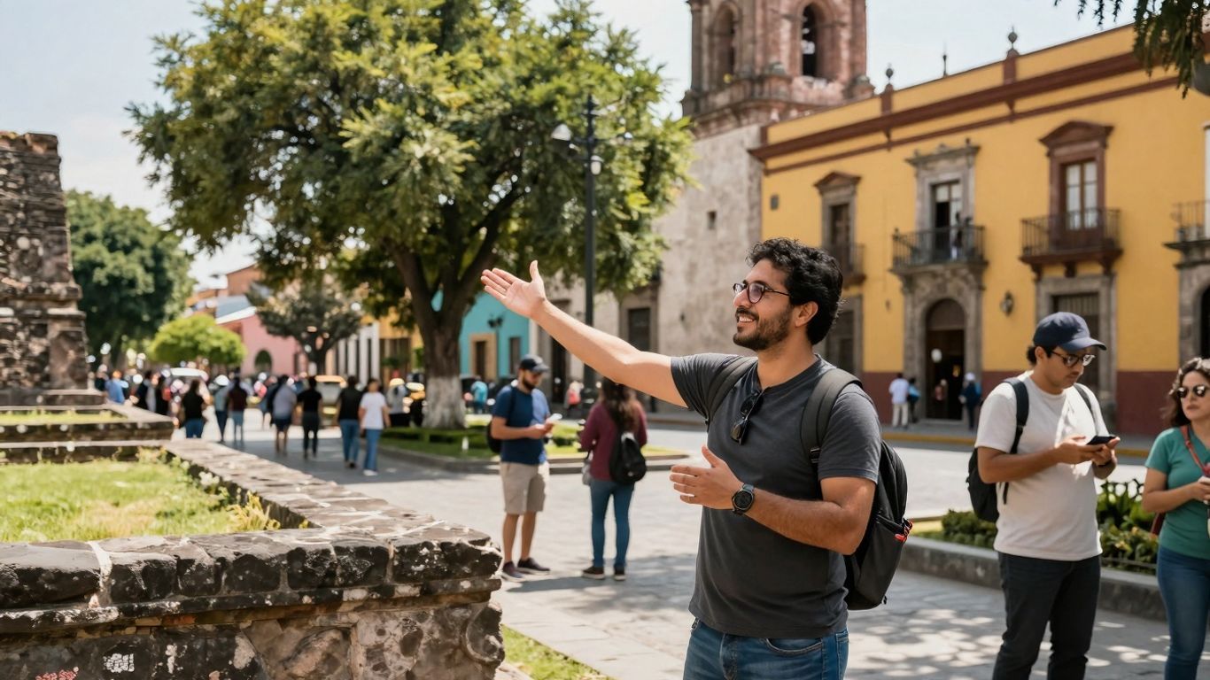 Tour guide in Mexico City with ancient ruins background.