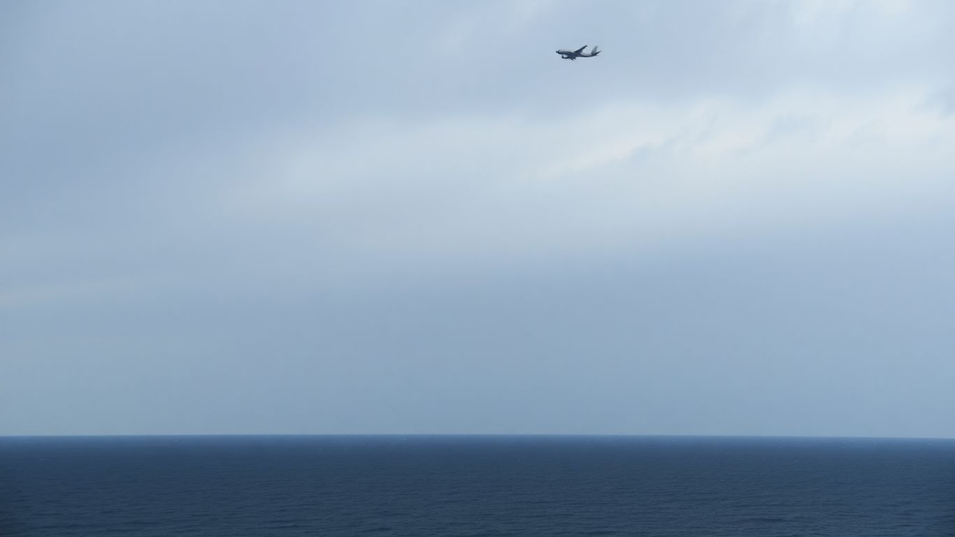 Ocean and sky with a distant airplane silhouette.