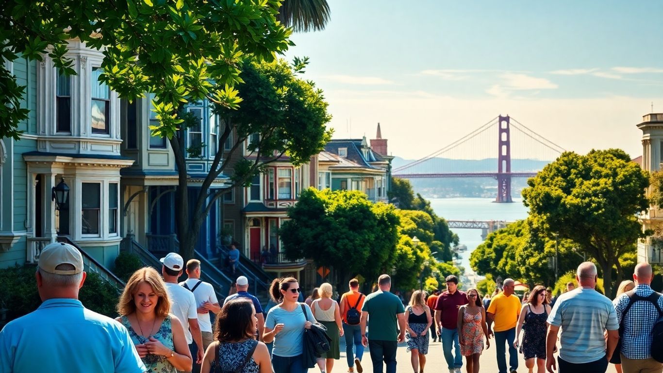 People walking on a San Francisco street with Victorian houses.