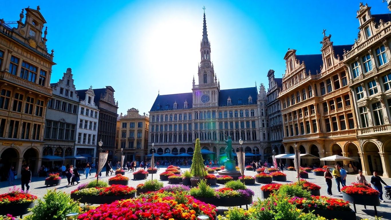 Grand Place, Brussels, with ornate buildings and flowers.