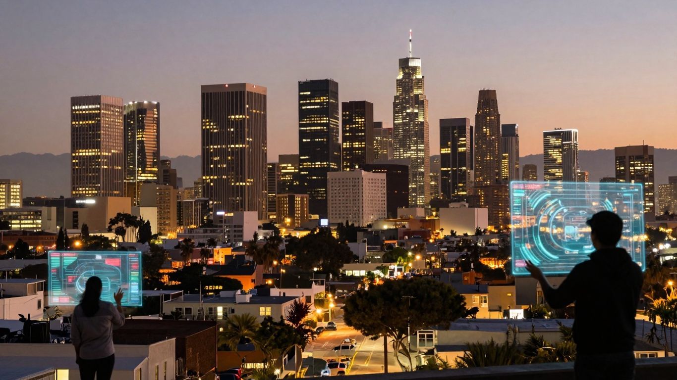 Los Angeles cityscape with digital data streams and people interacting with technology.