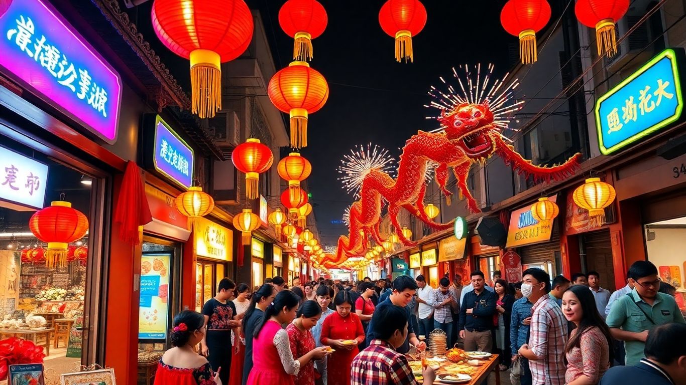 Malaysia Chinese New Year celebrations with lanterns and dragons.