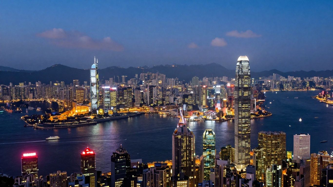 Hong Kong skyline at dusk with illuminated skyscrapers and water.