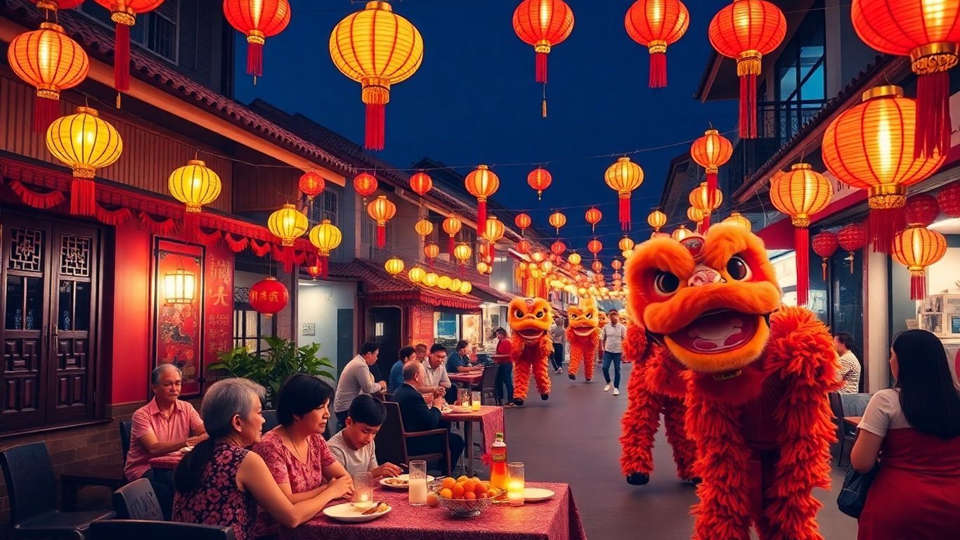 Malaysian Chinese New Year celebrations with lanterns and lion dance.