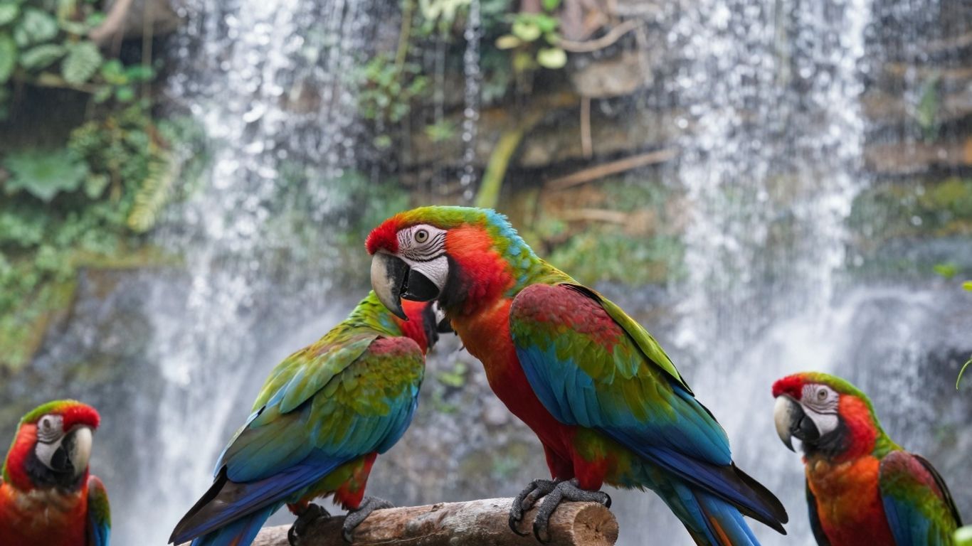 Colorful parrots in a lush, green bird park with a waterfall.