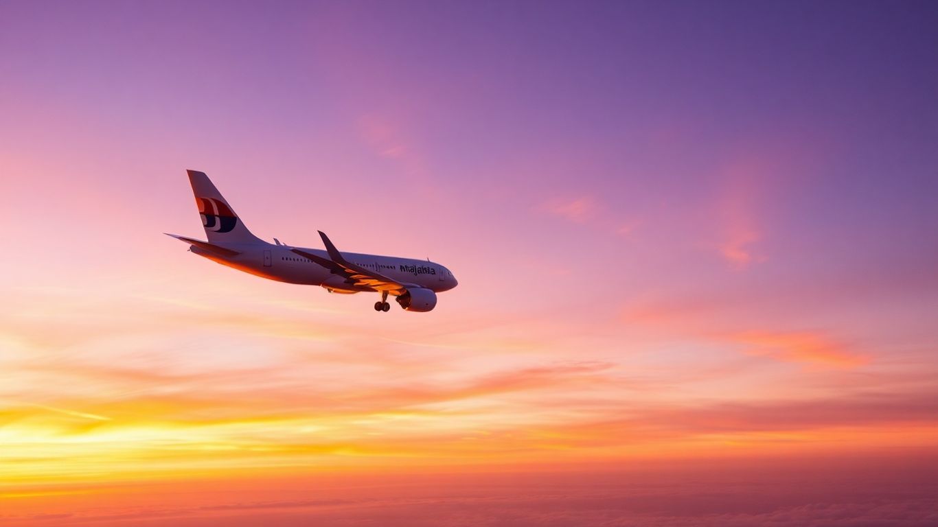 Malaysia Airlines airplane flying through a sunset sky.