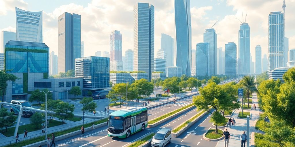 Futuristic city skyline with greenery and modern architecture.