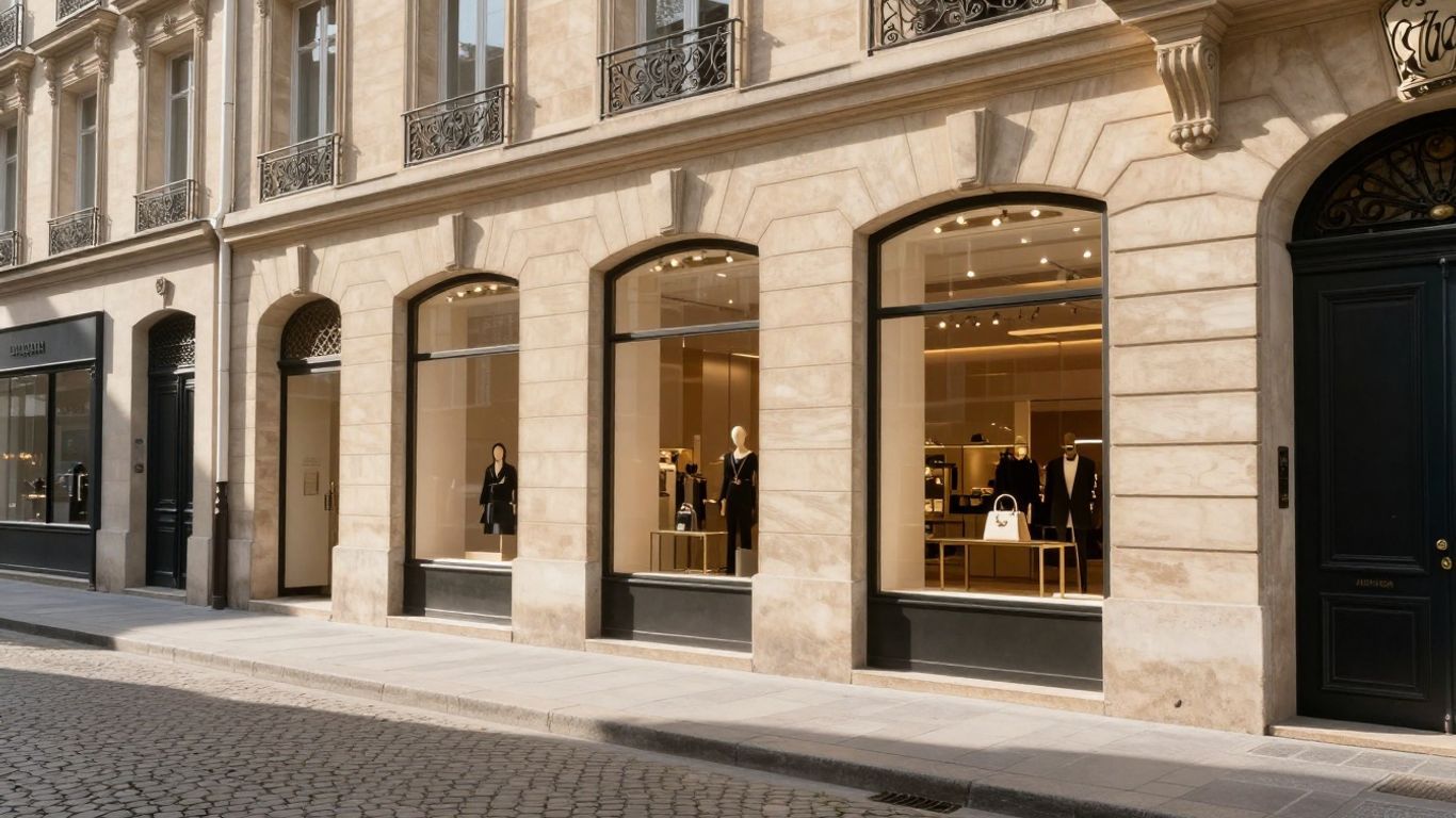 Chic Parisian street with luxury boutique and architecture.