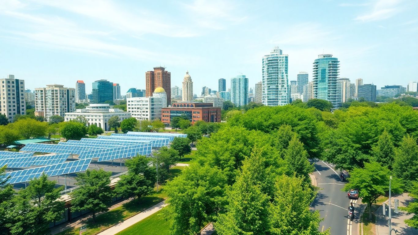 Modern green city with solar panels and cyclists