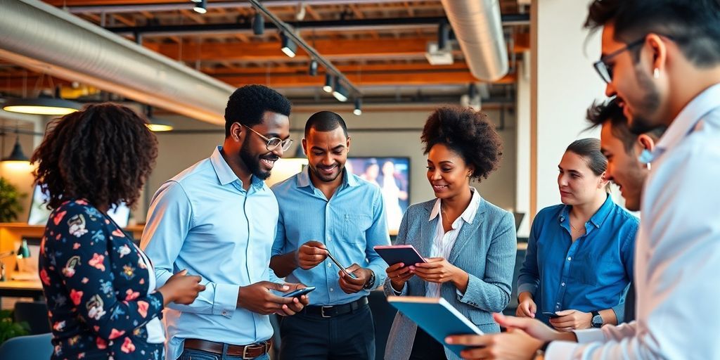 Diverse professionals collaborating in a modern workspace.