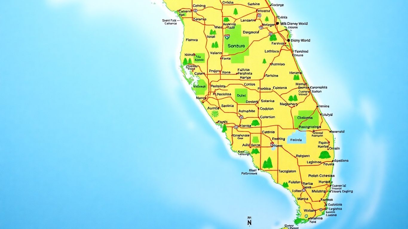 Map of Florida with cities and landmarks.