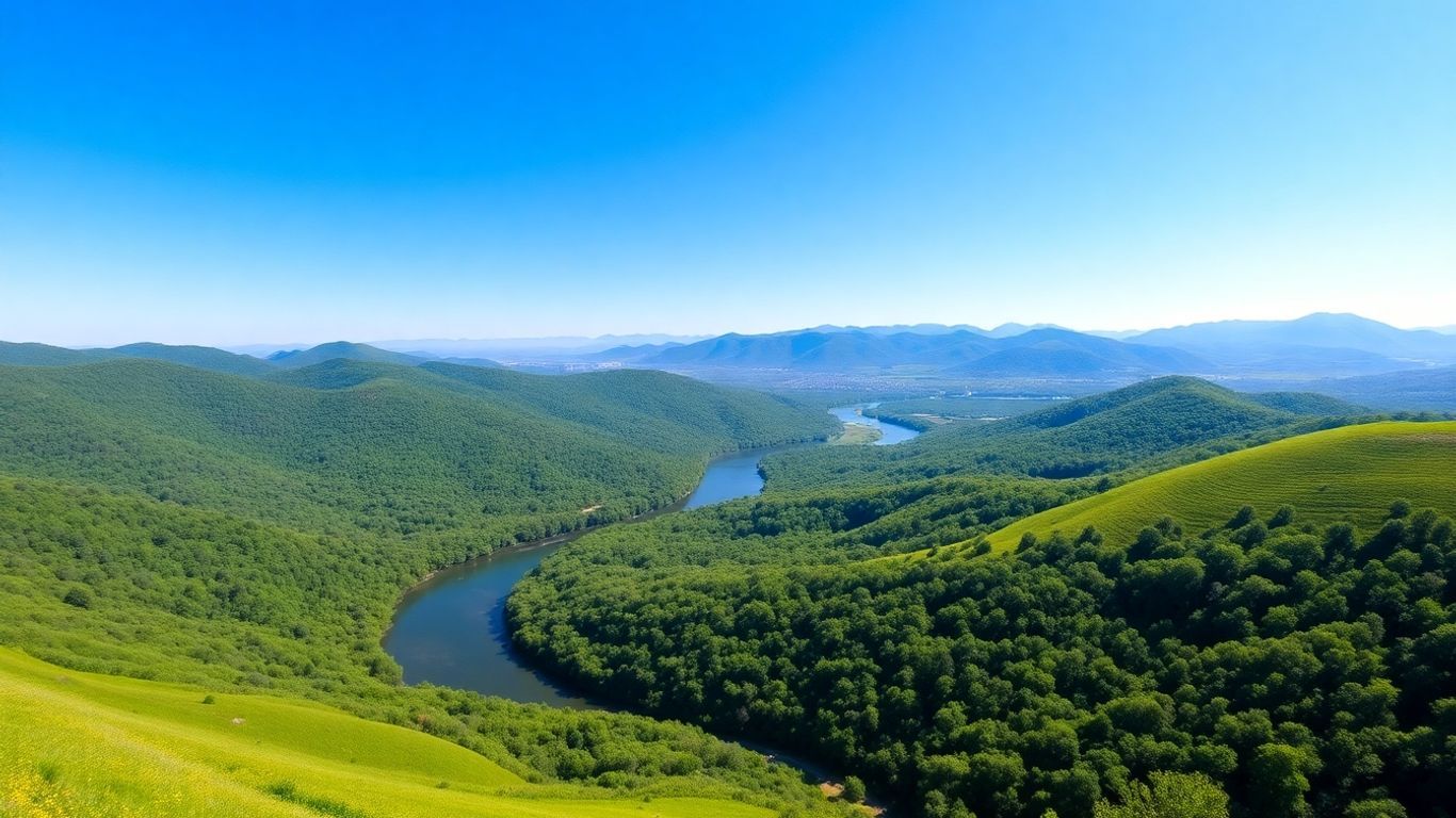 South Carolina Upstate landscape with hills and river.