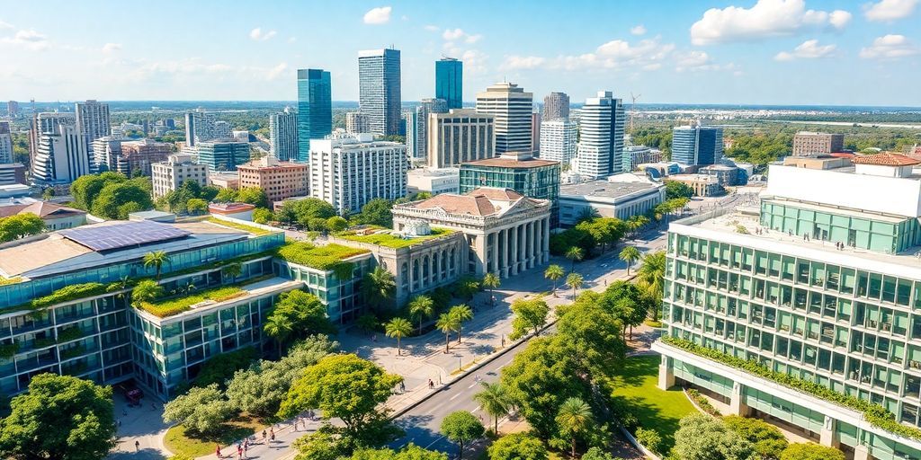 Modern Tampa skyline with green buildings and parks.