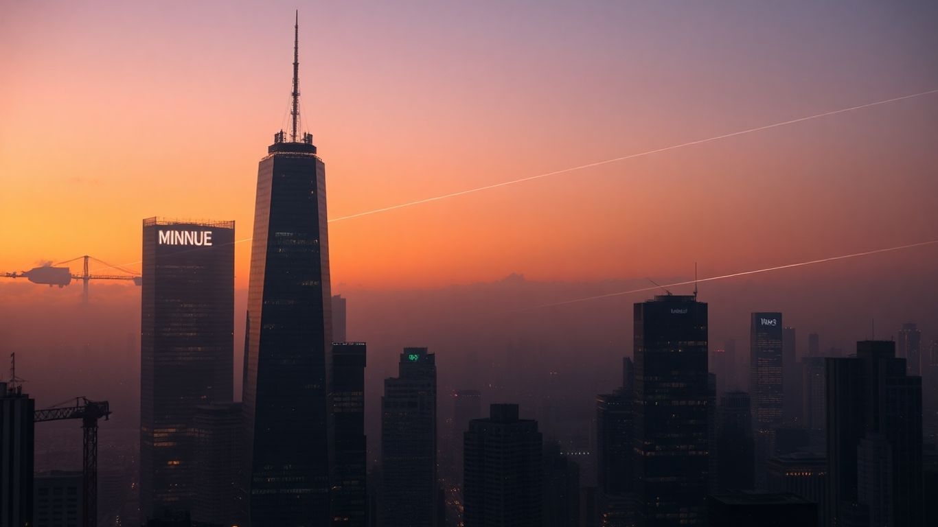 Cityscape with illuminated skyscrapers and light trails.