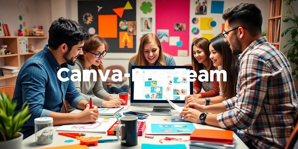 Team collaboration using Canva Pro Team in a lively workspace.
