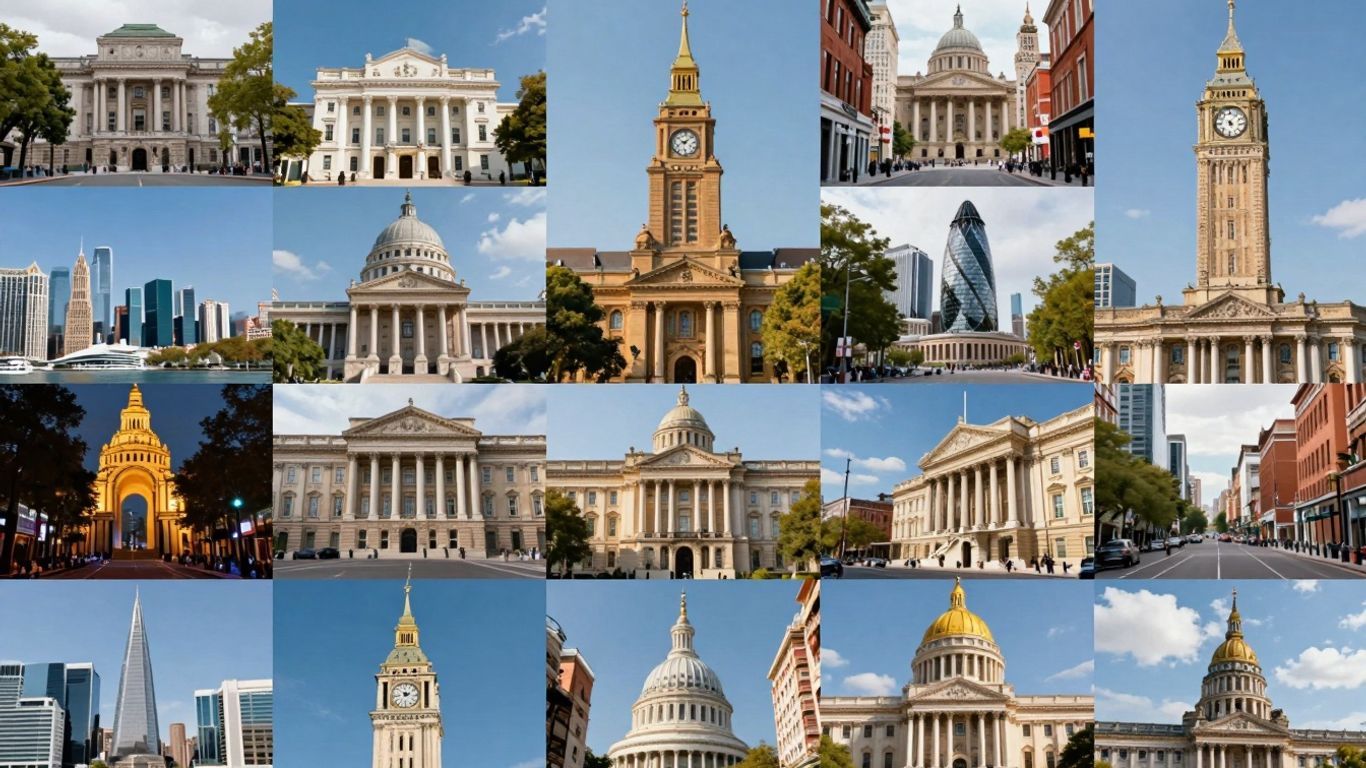 Collage of global city landmarks and street scenes.