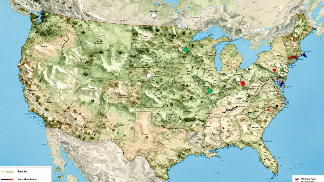 Map of US cities with scenic landscapes and travel pins.