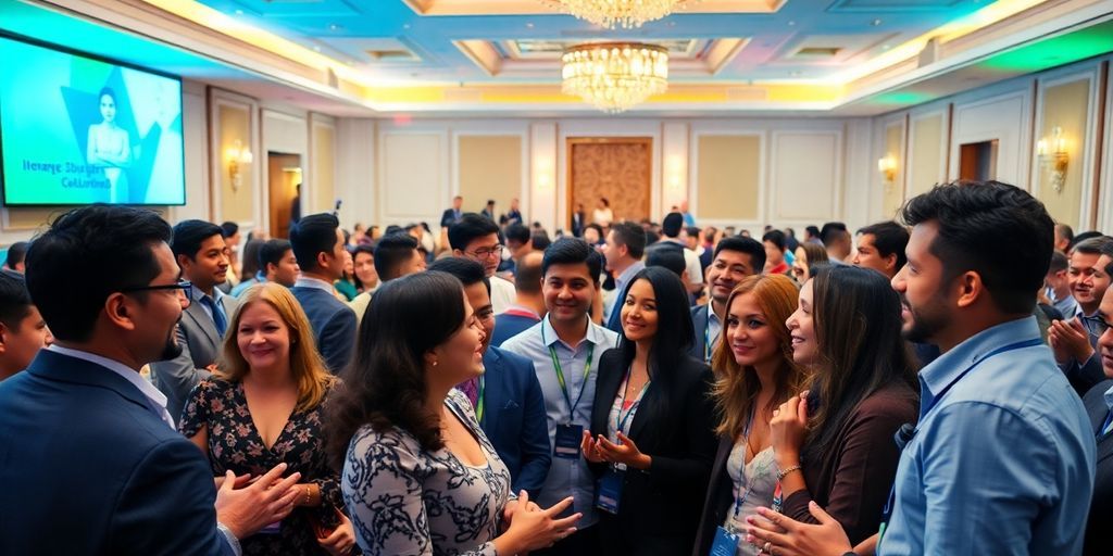 Diverse professionals celebrating at an awards ceremony.