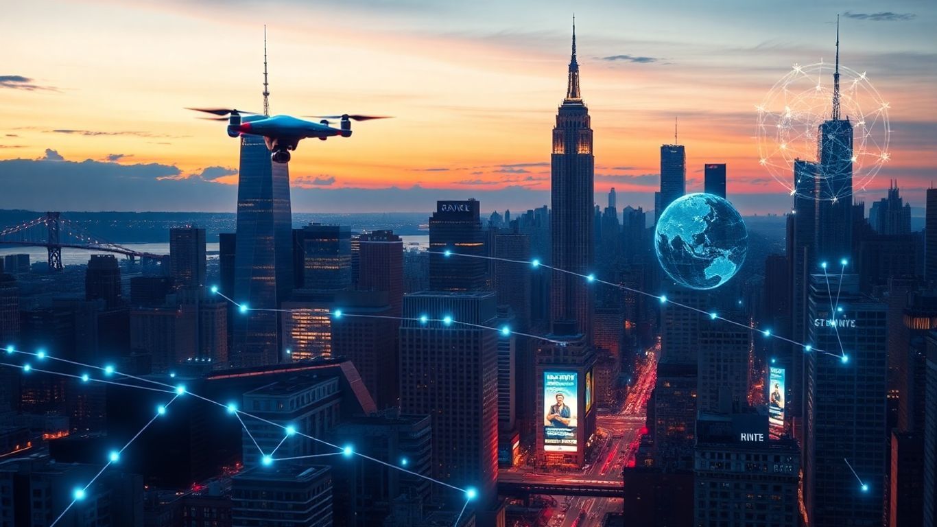 New York City skyline with futuristic smart city technology.