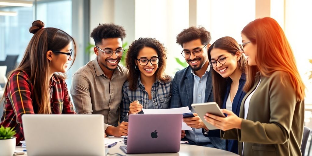 Diverse young professionals collaborating in a modern office.