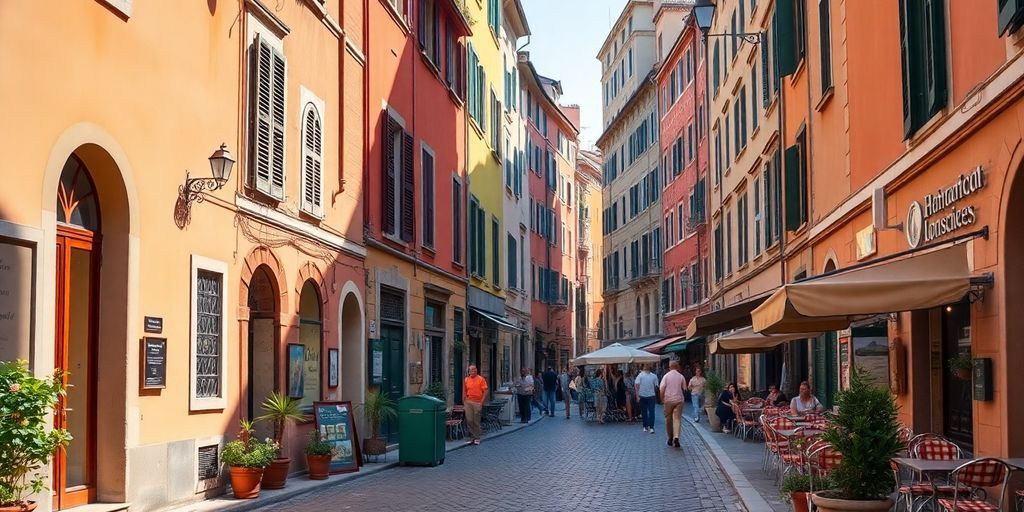 Charming street in Rome with colorful buildings and cafes.