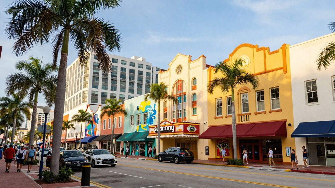Florida cityscape with art galleries, theaters, and murals.