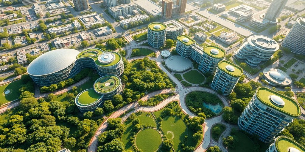 Aerial view of Telosa city with green spaces and buildings.