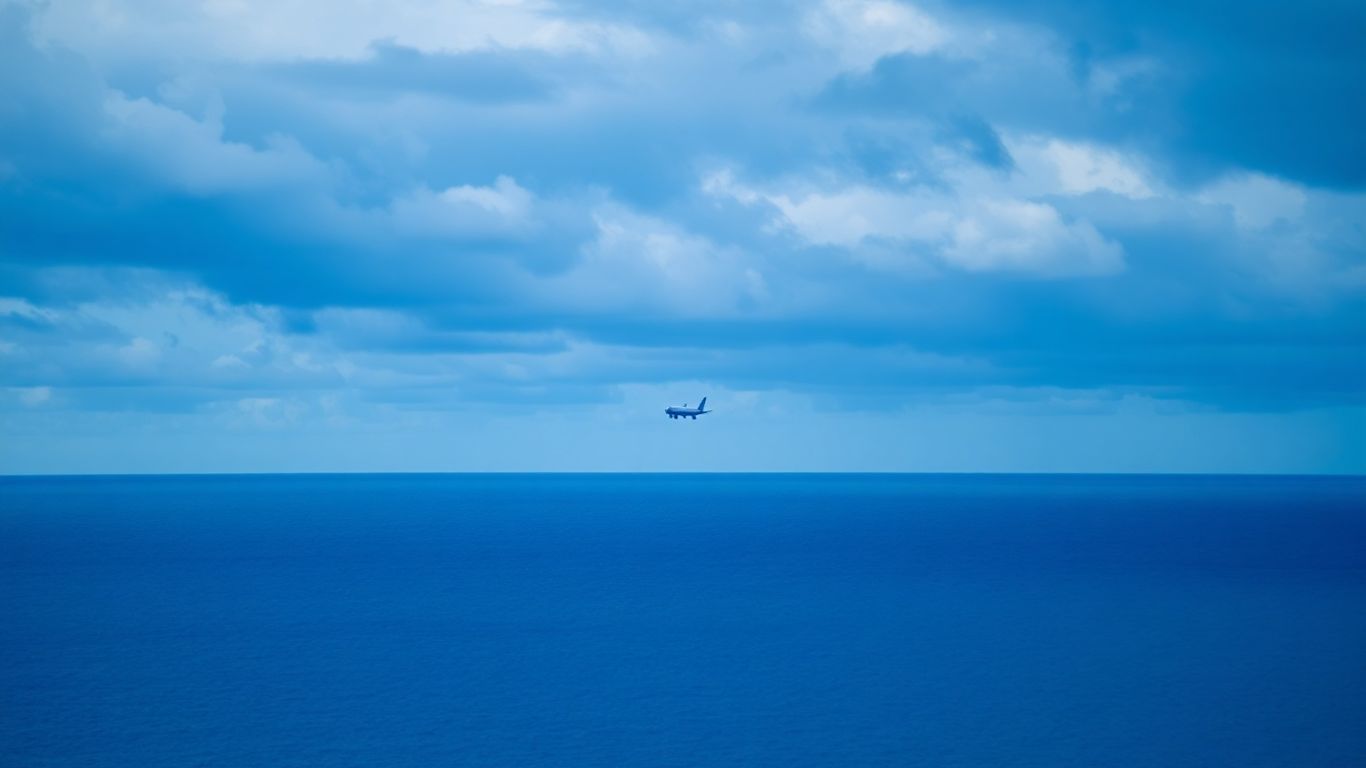 Ocean expanse with distant airplane silhouette.