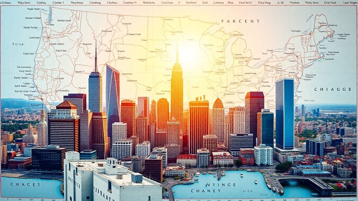 US map with prominent cities highlighted.