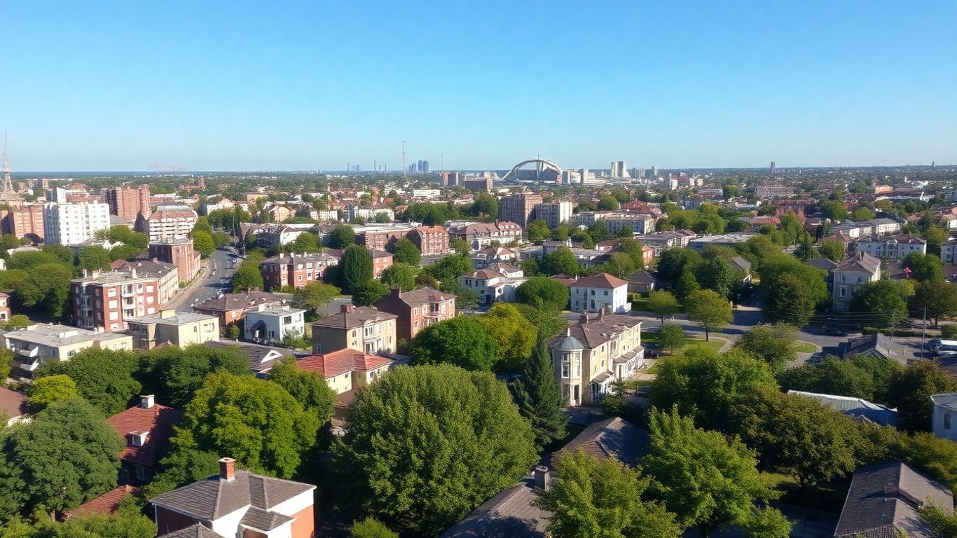 Affordable US cities skyline with diverse housing and parks.