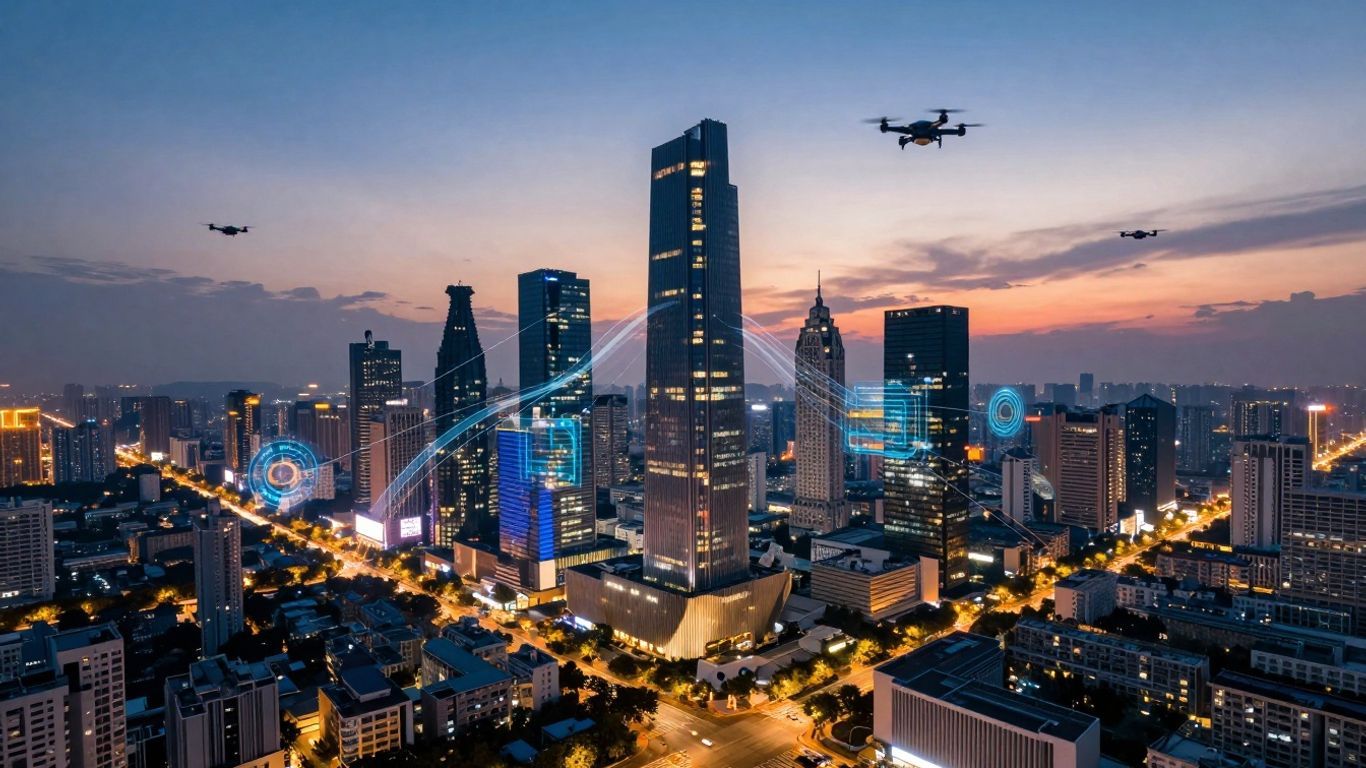 Futuristic smart city skyline with glowing data connections.