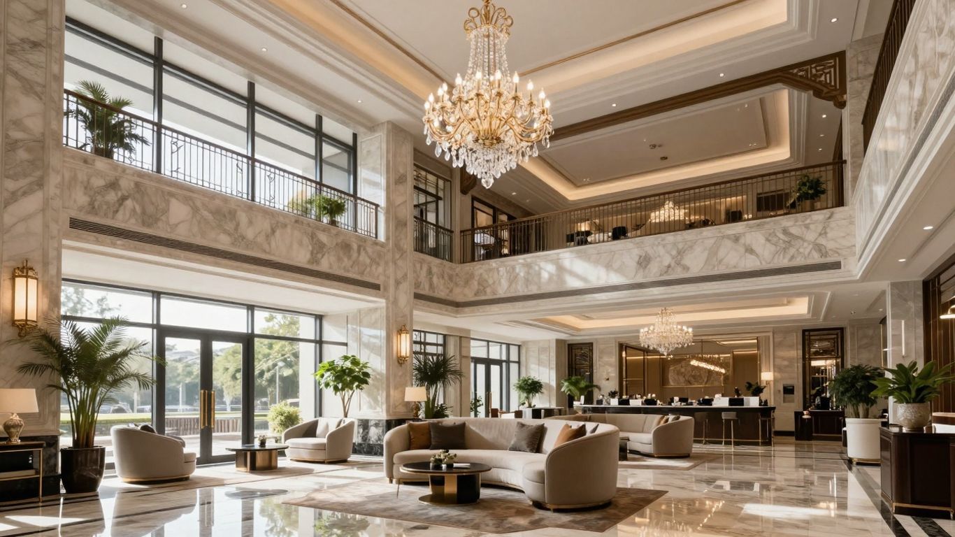 Elegant hotel lobby with chandeliers and plush seating.