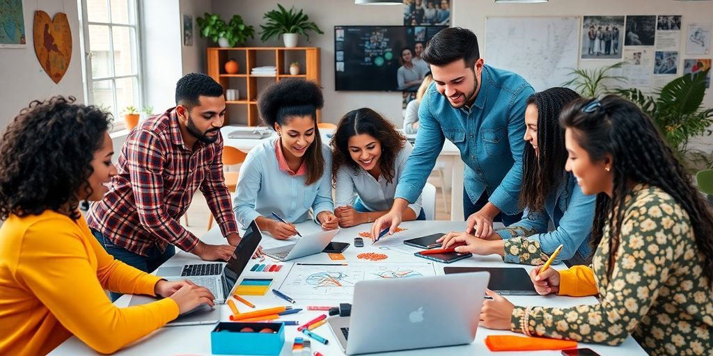 Diverse team collaborating in a creative workspace.