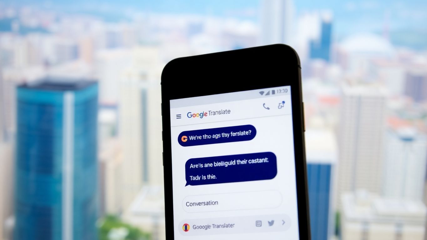 Smartphone showing Google Translate app with cityscape background.