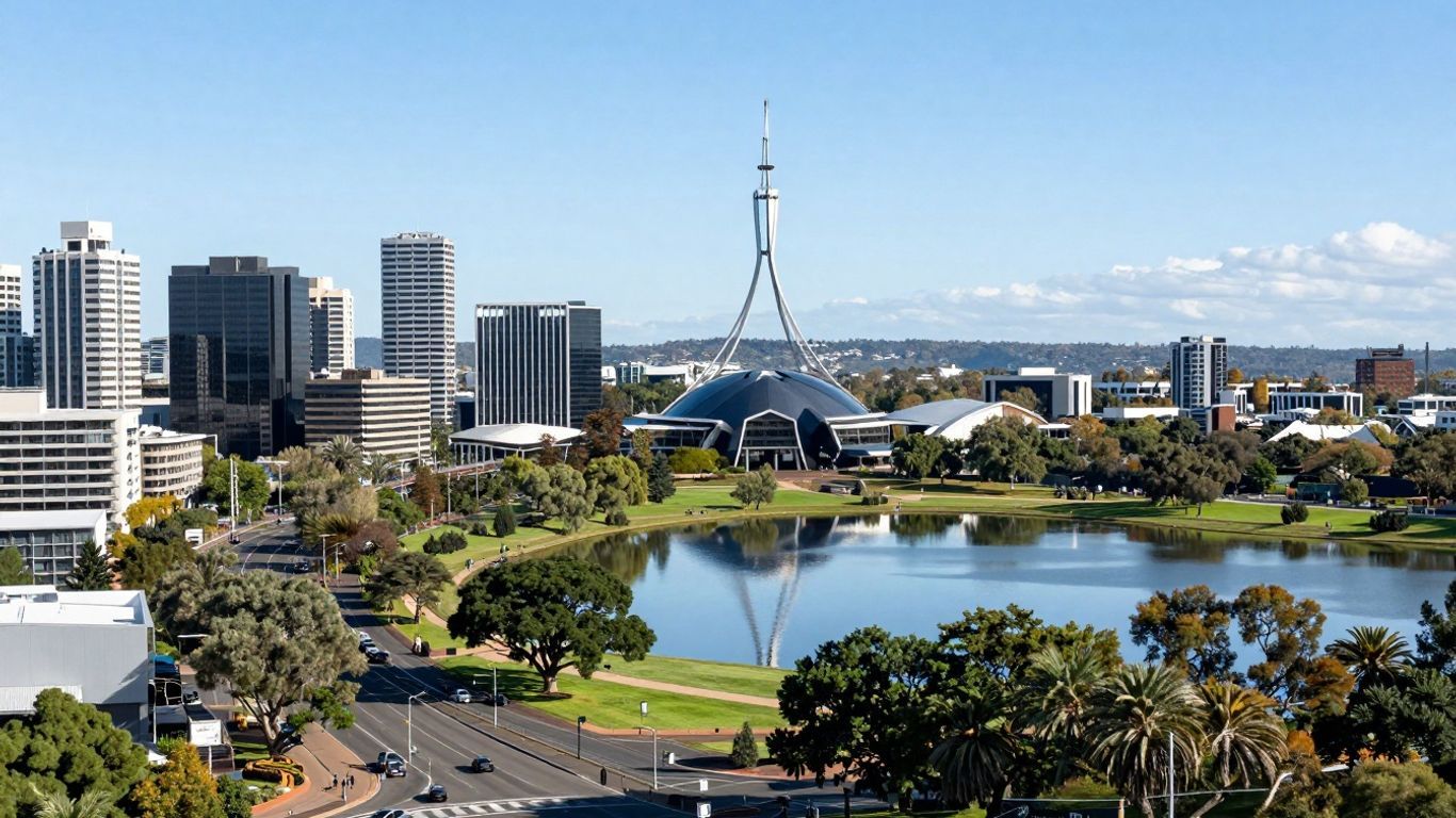 Canberra cityscape with modern buildings and a lake.