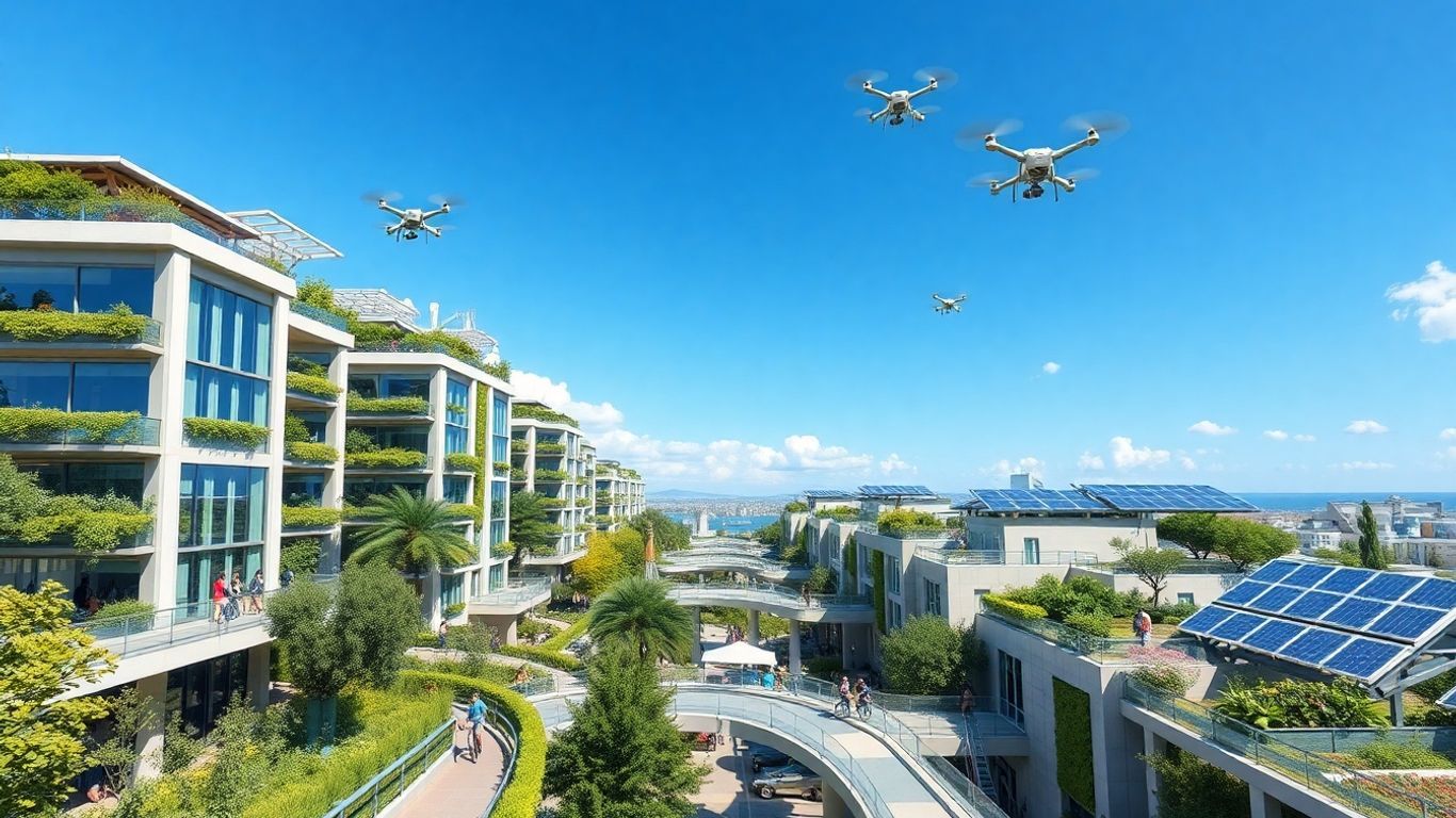 Sustainable city with green spaces and modern architecture.