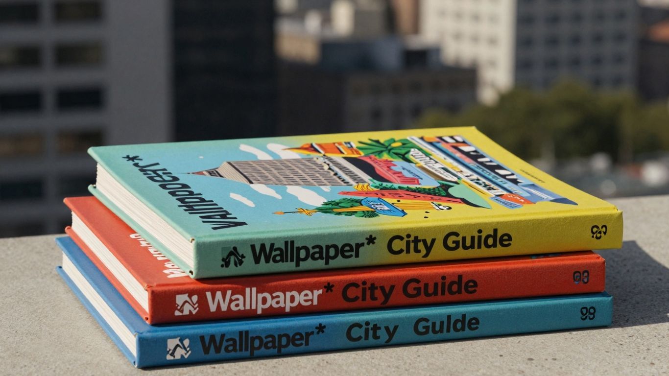 Wallpaper City Guide books stacked with city landmarks.