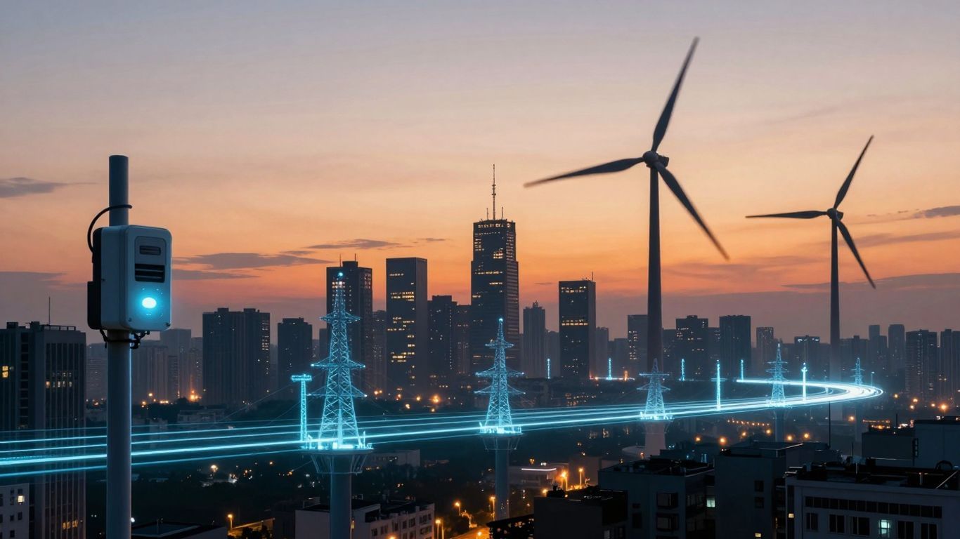 Smart grid connecting futuristic city with energy flow.