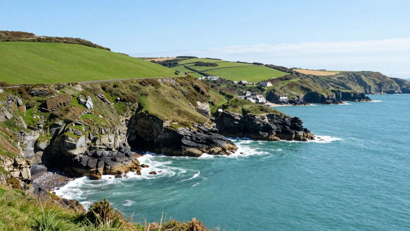 Cornwall coastline with cliffs, sea, and green hills.