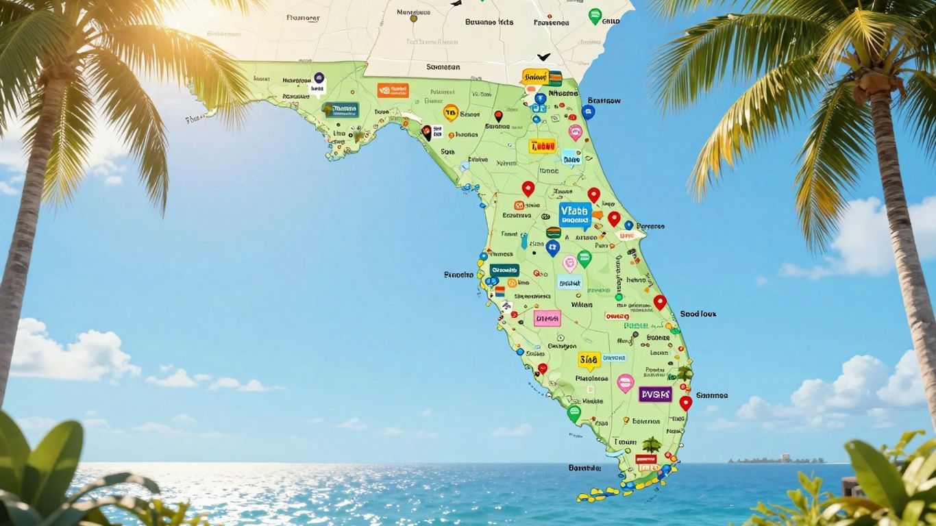 Florida map with towns and attractions highlighted.
