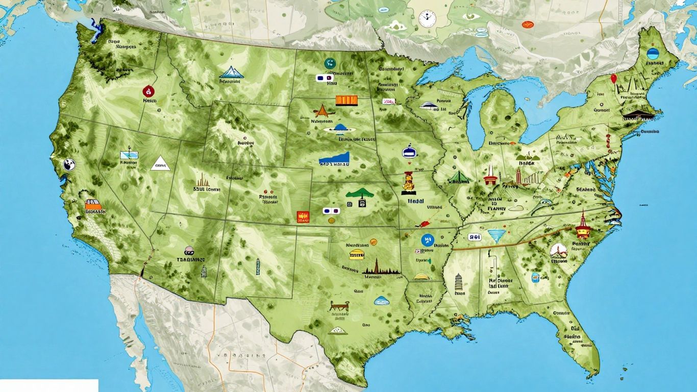 Map of the USA with cities and landmarks.