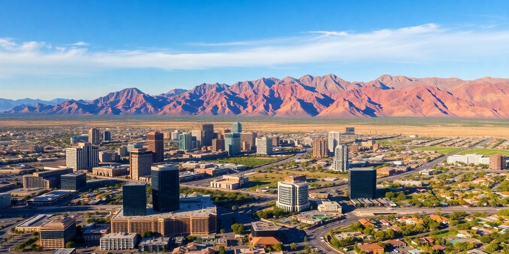 Aerial view of Phoenix with mountains and cityscape.