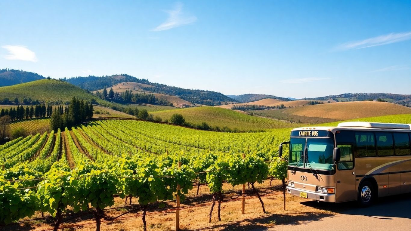 Napa Valley vineyard with tour bus and grapevines.