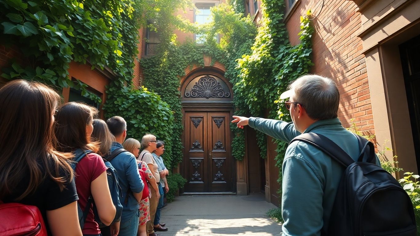 Tourists exploring a hidden NYC alley with a guide.