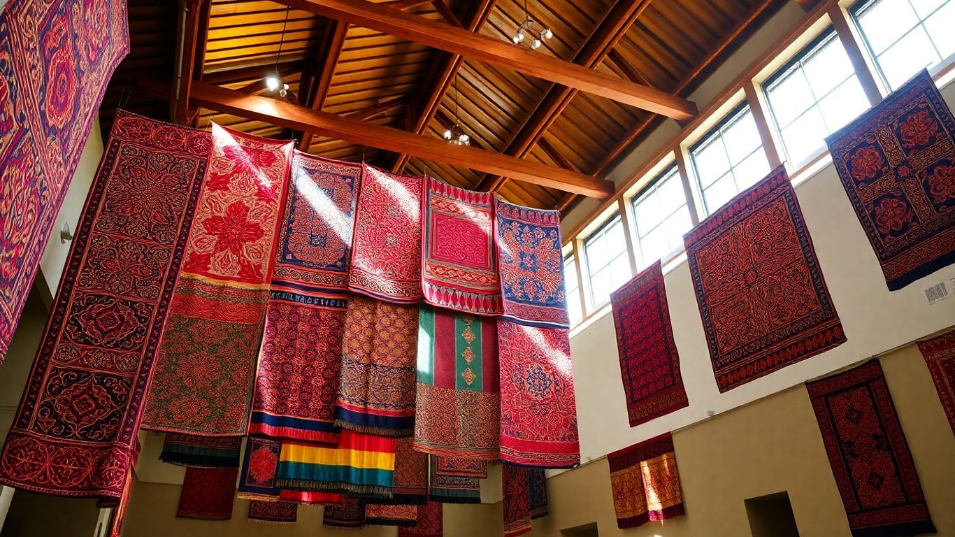 Colorful Malaysian batik fabrics displayed in a museum.