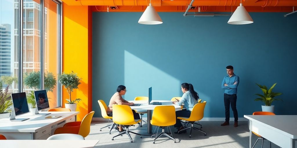 Modern office with diverse team and advanced technology.