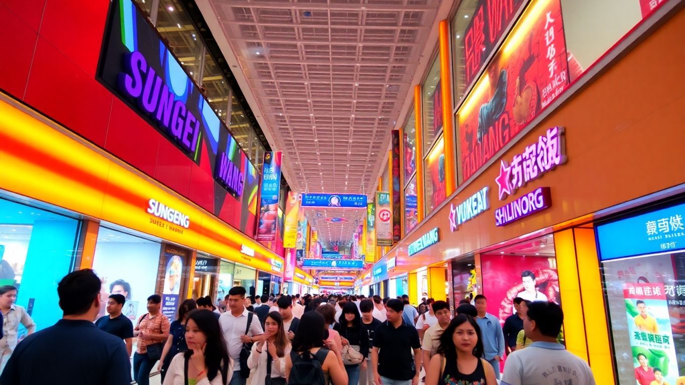 Sungei Wang Plaza interior with shoppers and storefronts.